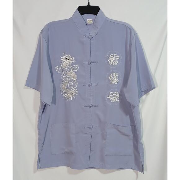 Kim Lai Fashions XL 100% Silk Chinese Tang Shirt Light Blue Dragon Frog Buttons - Picture 1 of 9